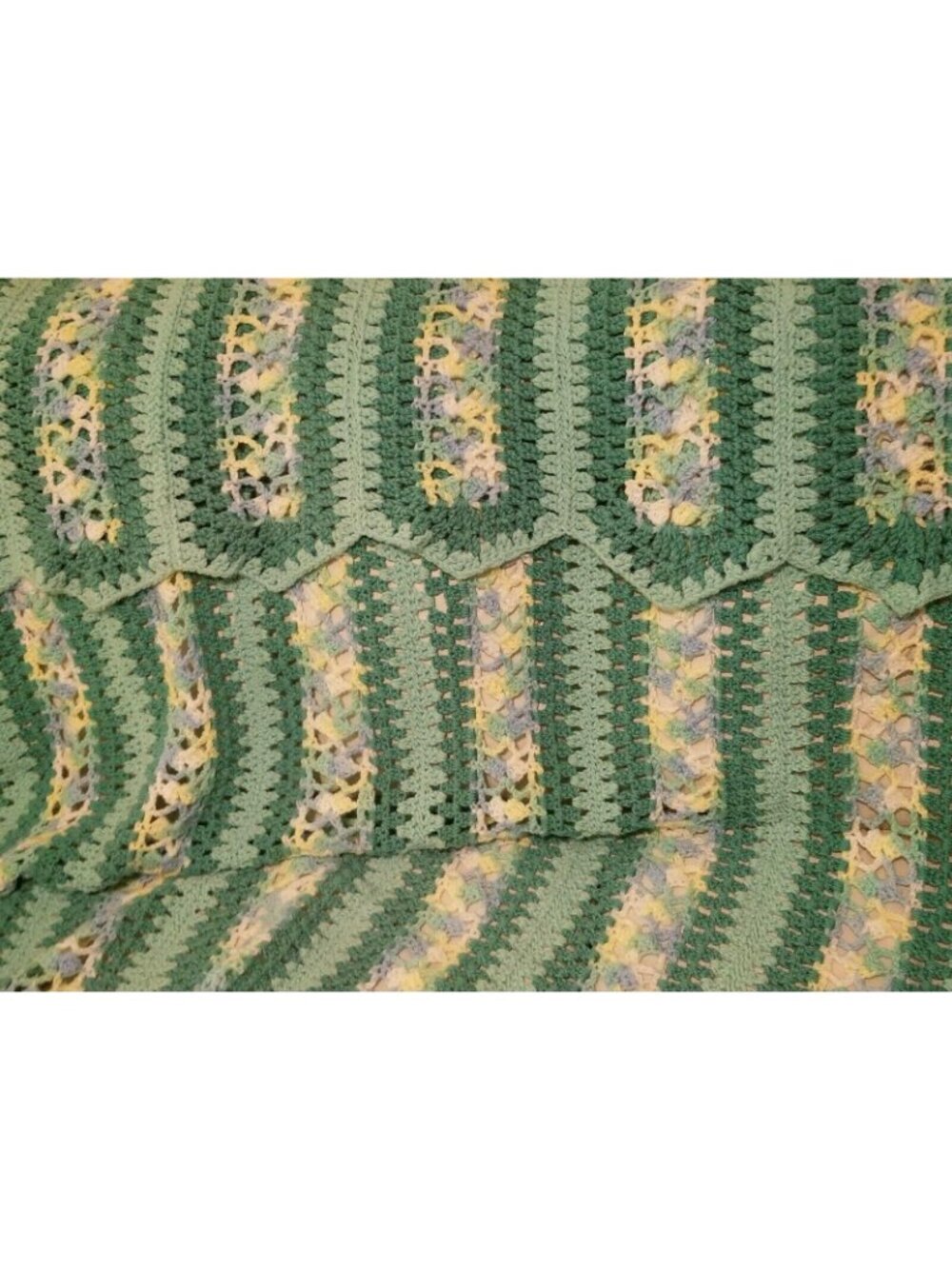 Vintage Hand-Crocheted Afghan Blanket Green & Pastel Stripes 45"x30" - Picture 2 of 4